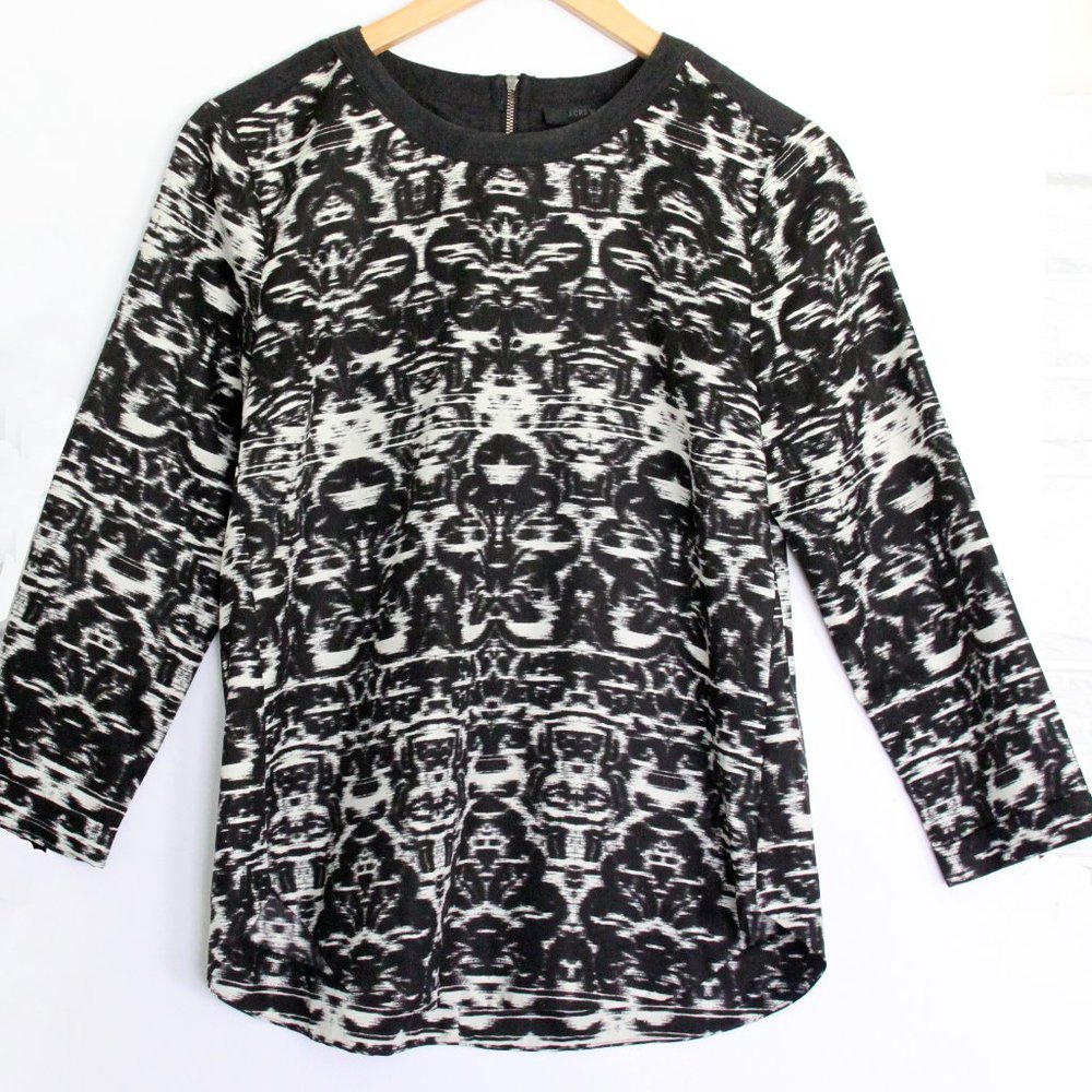 J. Crew Black & White Print Top w/Gray Yoke Sz 0
